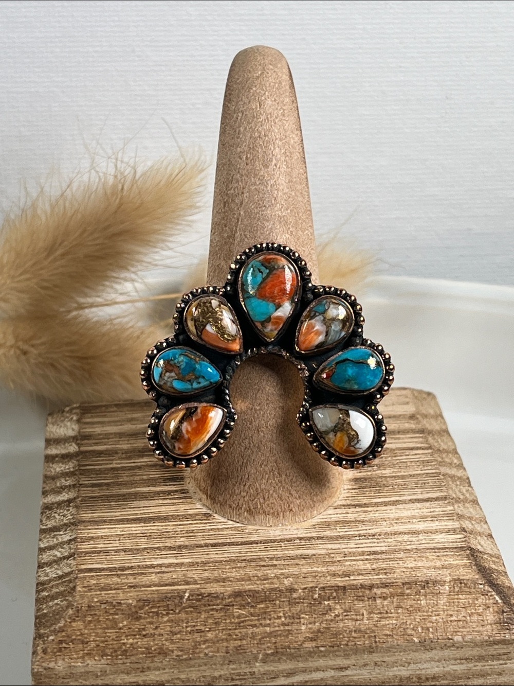 Solid Copper Orange Copper Dahlia Turquoise Naja Gemstone Ring Size 9 Adjustable